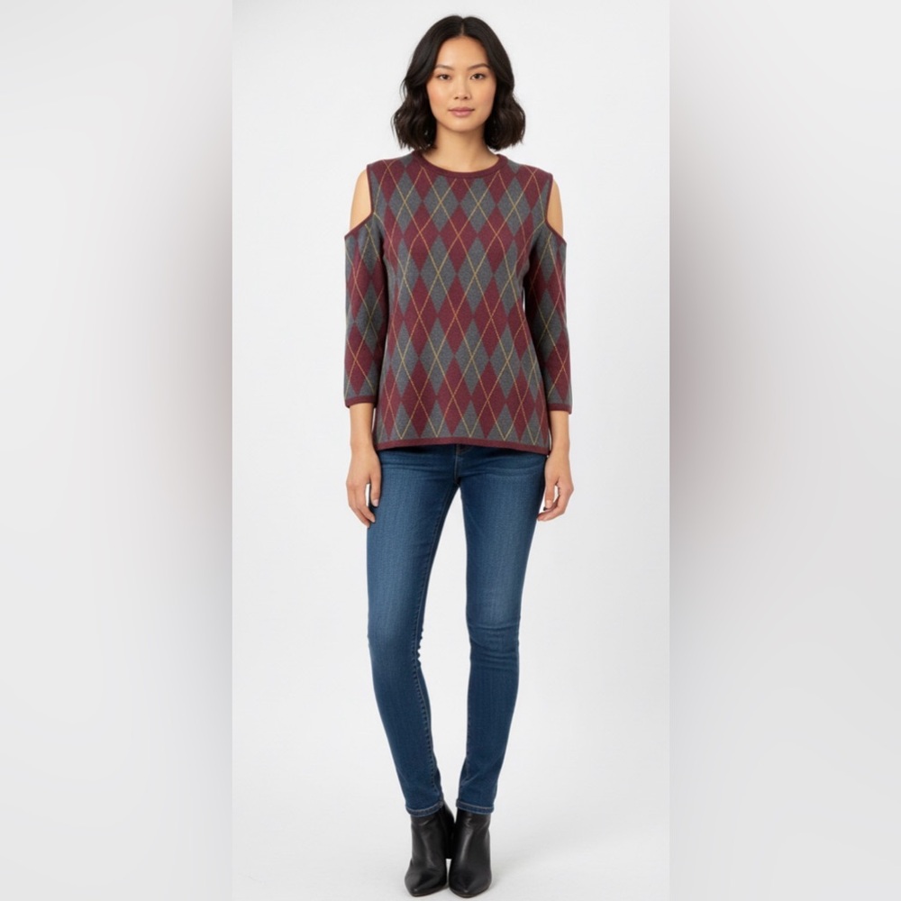 Uterque Wool Silk Argyle Sweater Size L Burgundy Luxury Knit